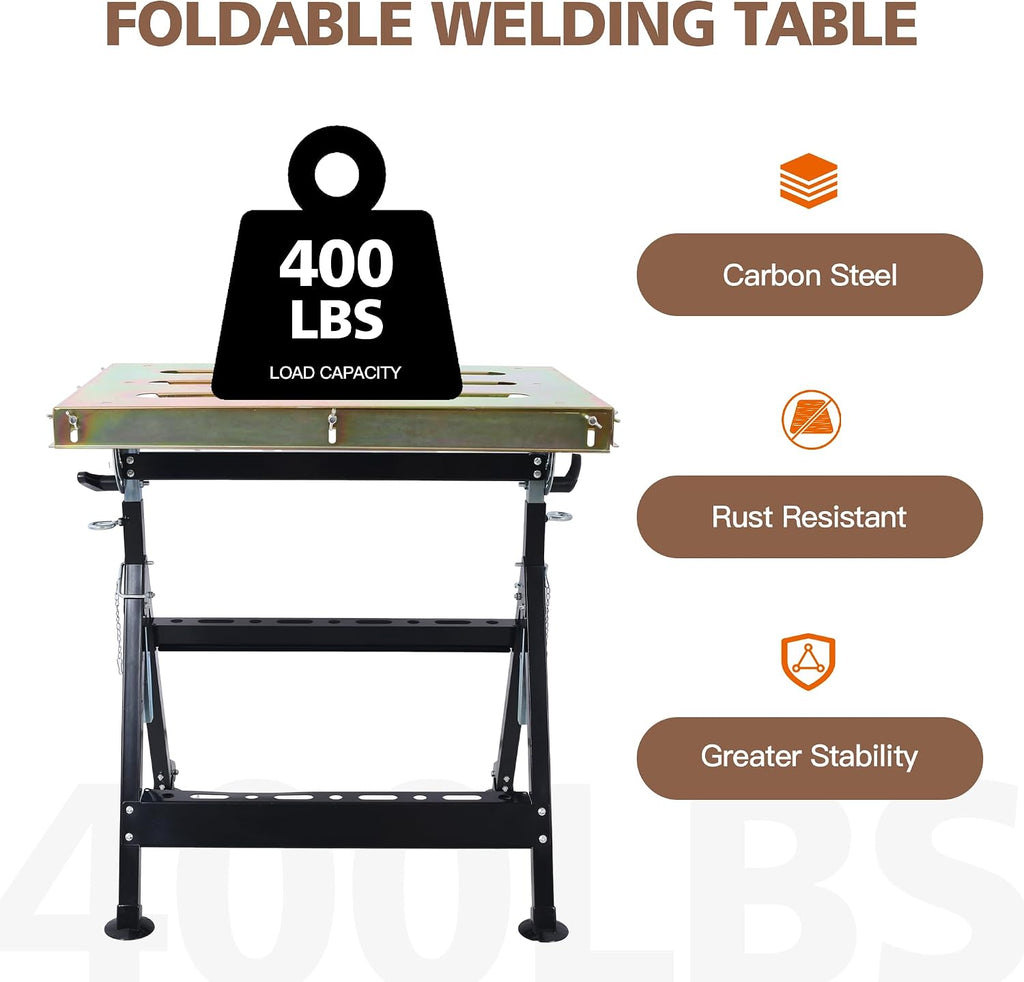 Steel Welding Table 30" x 20", Portable Welding Table with Wheels and 3 Slots, Adjustable Angle & Height, 400lbs Load