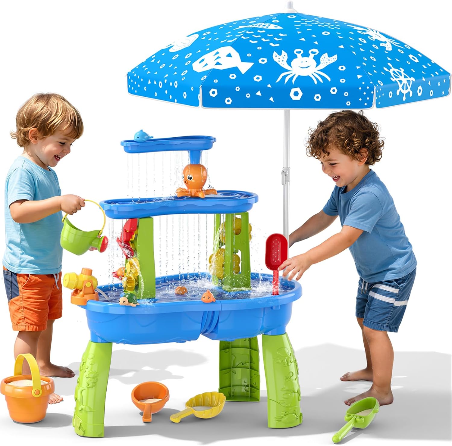 3-Tier Water Table for Toddlers, Kids Sand Water Table with Adjustable Umbrella, Sand Toys & Fishing Game, Sensory