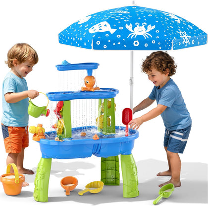 3-Tier Water Table for Toddlers, Kids Sand Water Table with Adjustable Umbrella, Sand Toys & Fishing Game, Sensory
