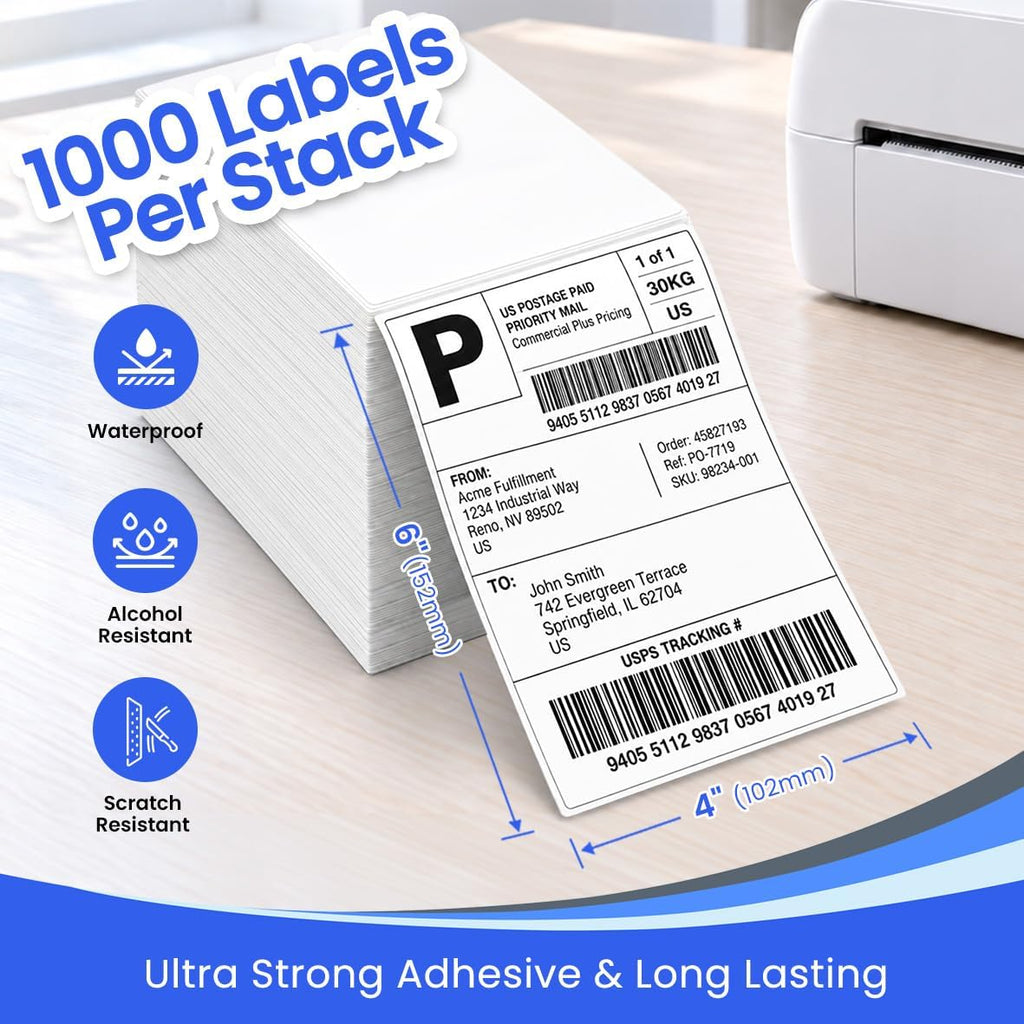4x6 Fanfold Thermal Shipping Labels, BPA & BPS Free,1000 Labels