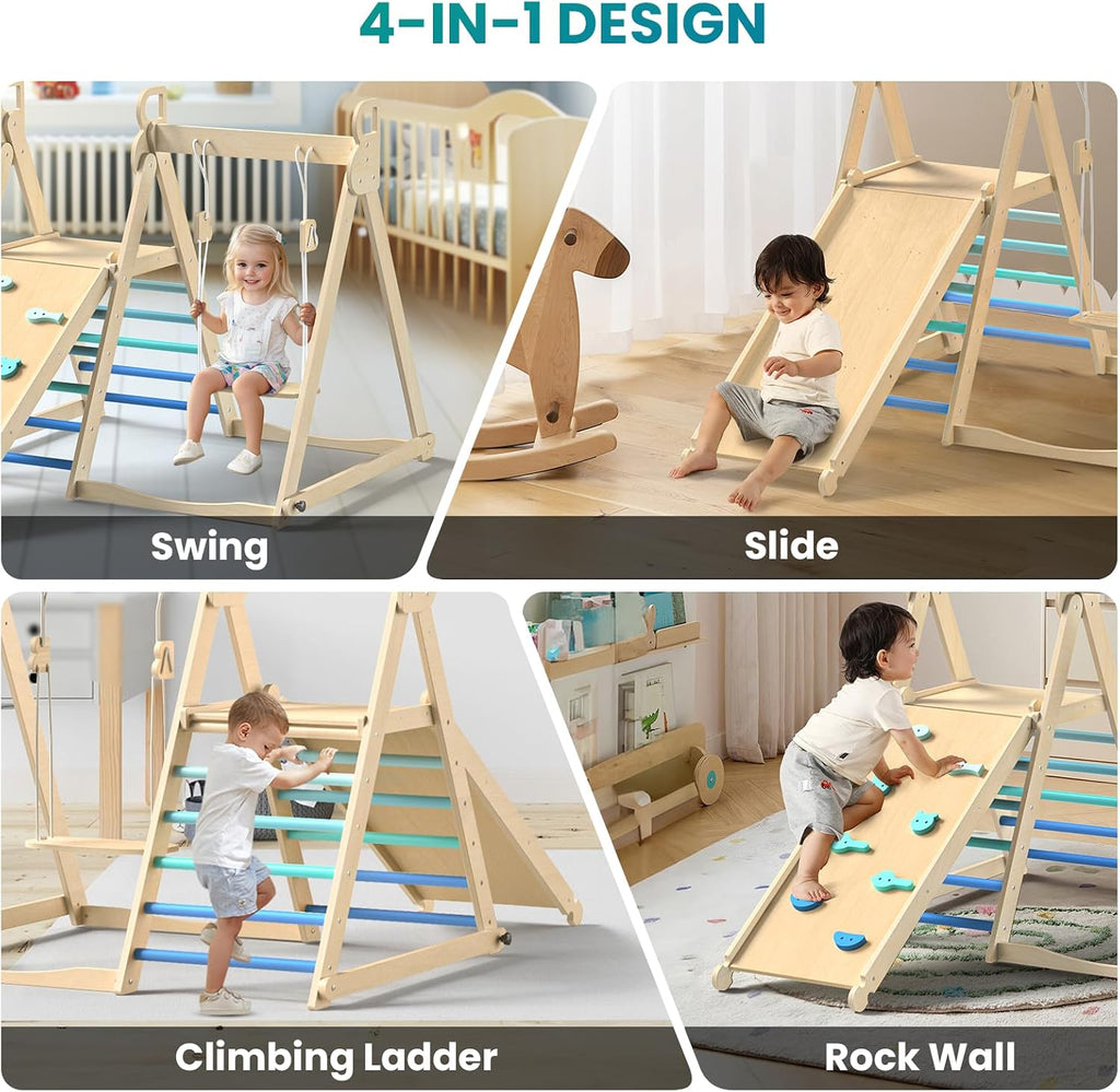 4 in 1 Indoor Jungle Gym, Foldable Wooden Climbing Set with Swing, Slide, Ladder and Climbing Wall, Montessori