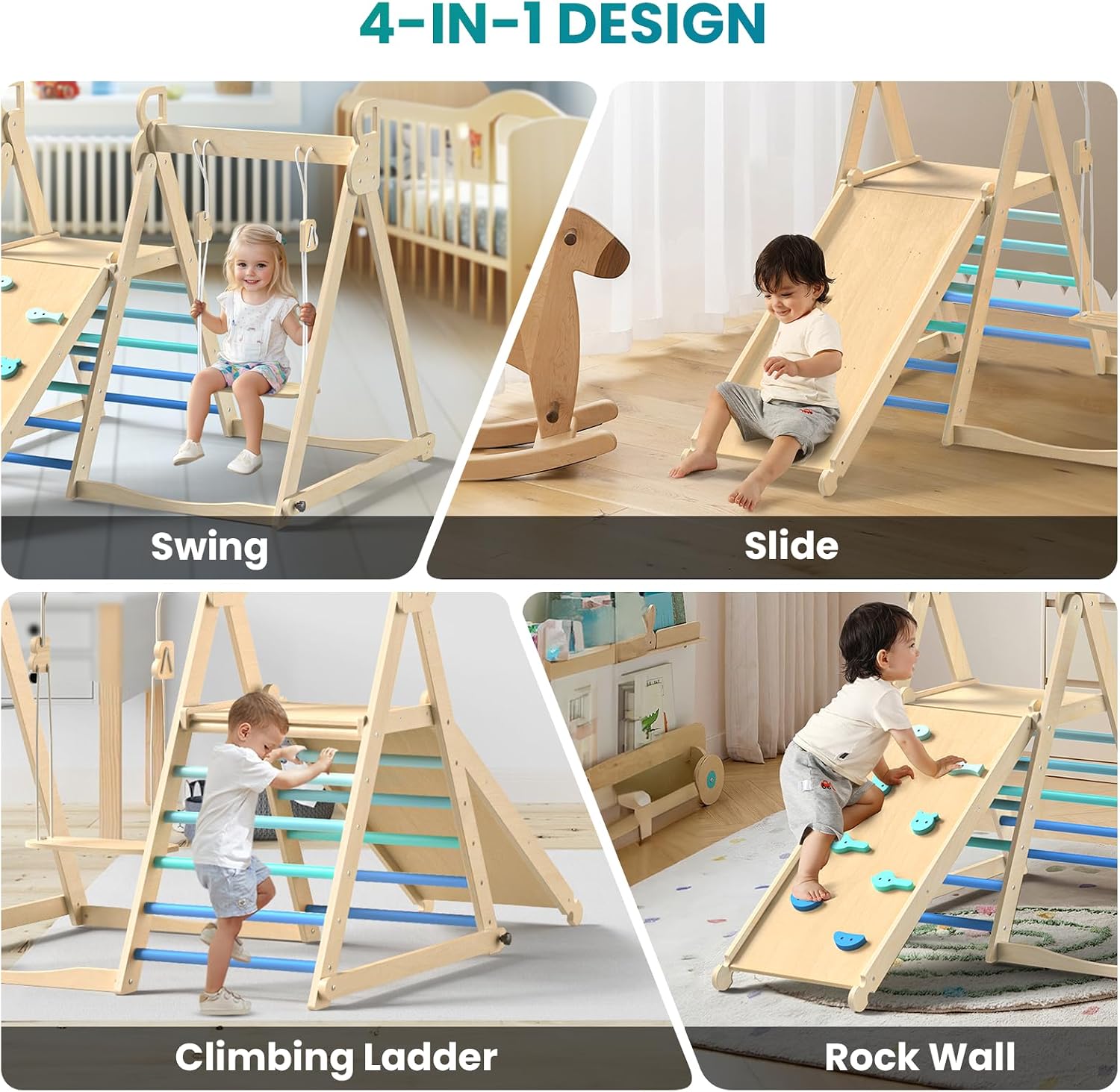 4 in 1 Indoor Jungle Gym, Foldable Wooden Climbing Set with Swing, Slide, Ladder and Climbing Wall, Montessori