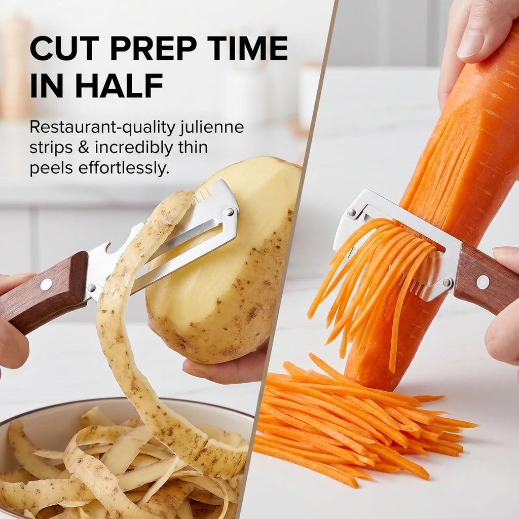 2 in 1 Fruit and Vegetable Peeler, Glide Edge Stainless Steel Vegetable Peeler with Wood Handle & Built-In Bottle