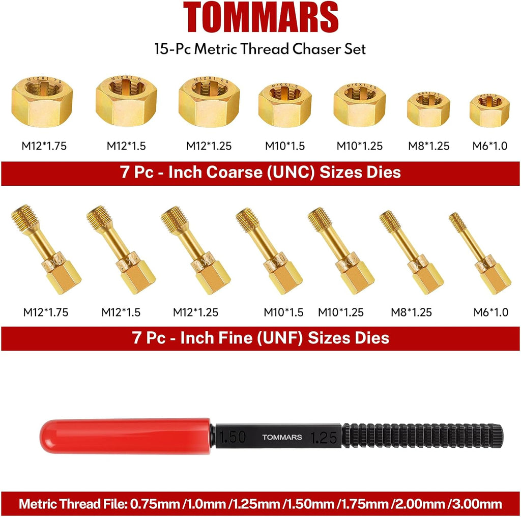 TOMMARS 15-Piece Metric Thread Chaser Set, M6 M8 M10 and M12