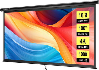 100 Inch 16:9 Pull Down Projector Screen, Black | Manual Retractable 4K Projection Screen for Home Theater, Roll Up