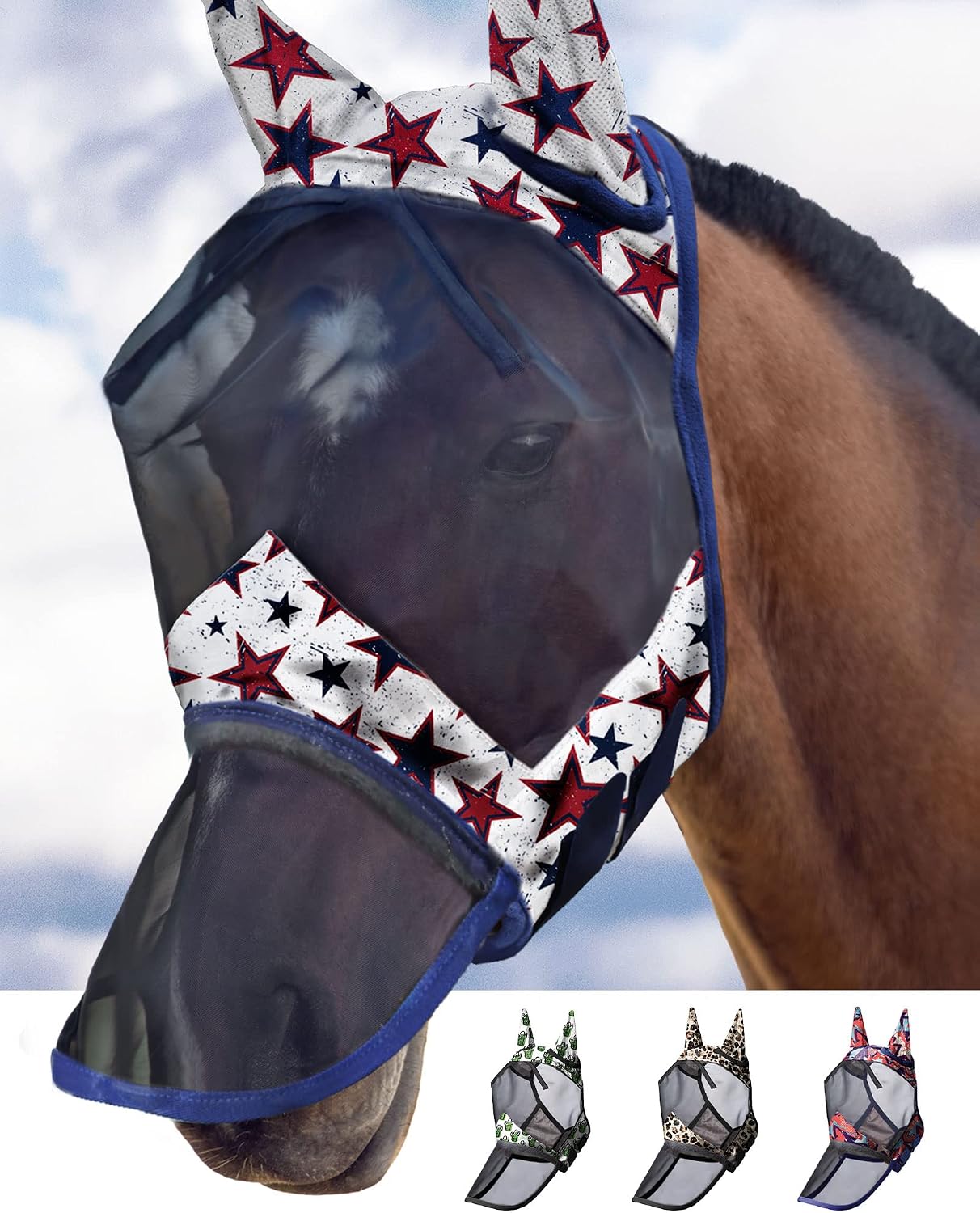 LumiVista Horse Fly Mask Long Nose with Ears UV Protection for Horse Dream Star M Cob