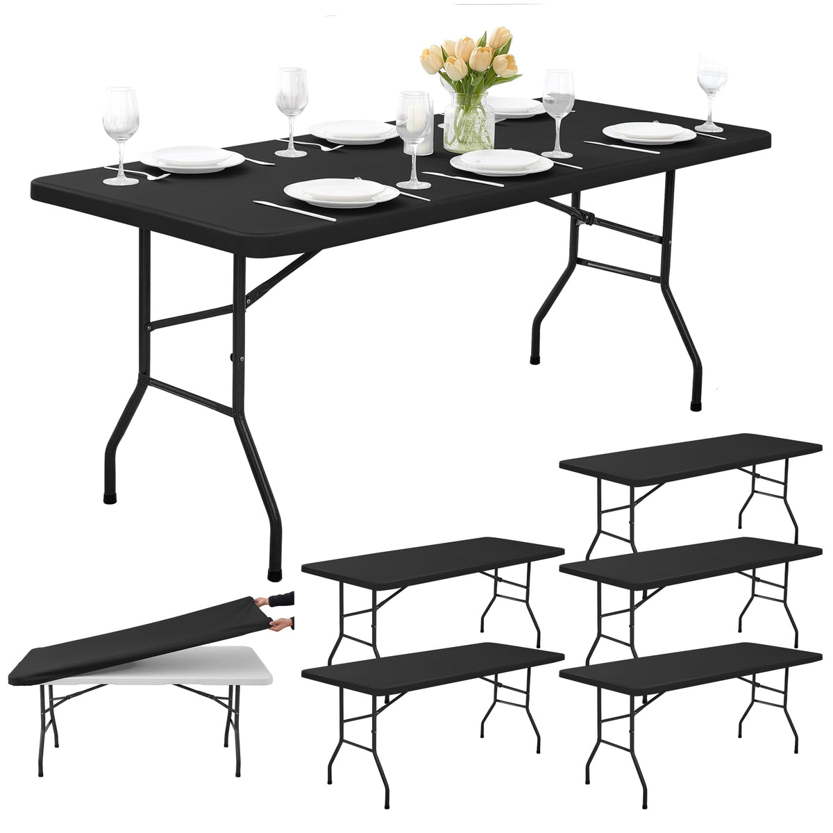 6ft Fitted Tablecloth Rectangle 6-Pack, Black Elastic Table Cover