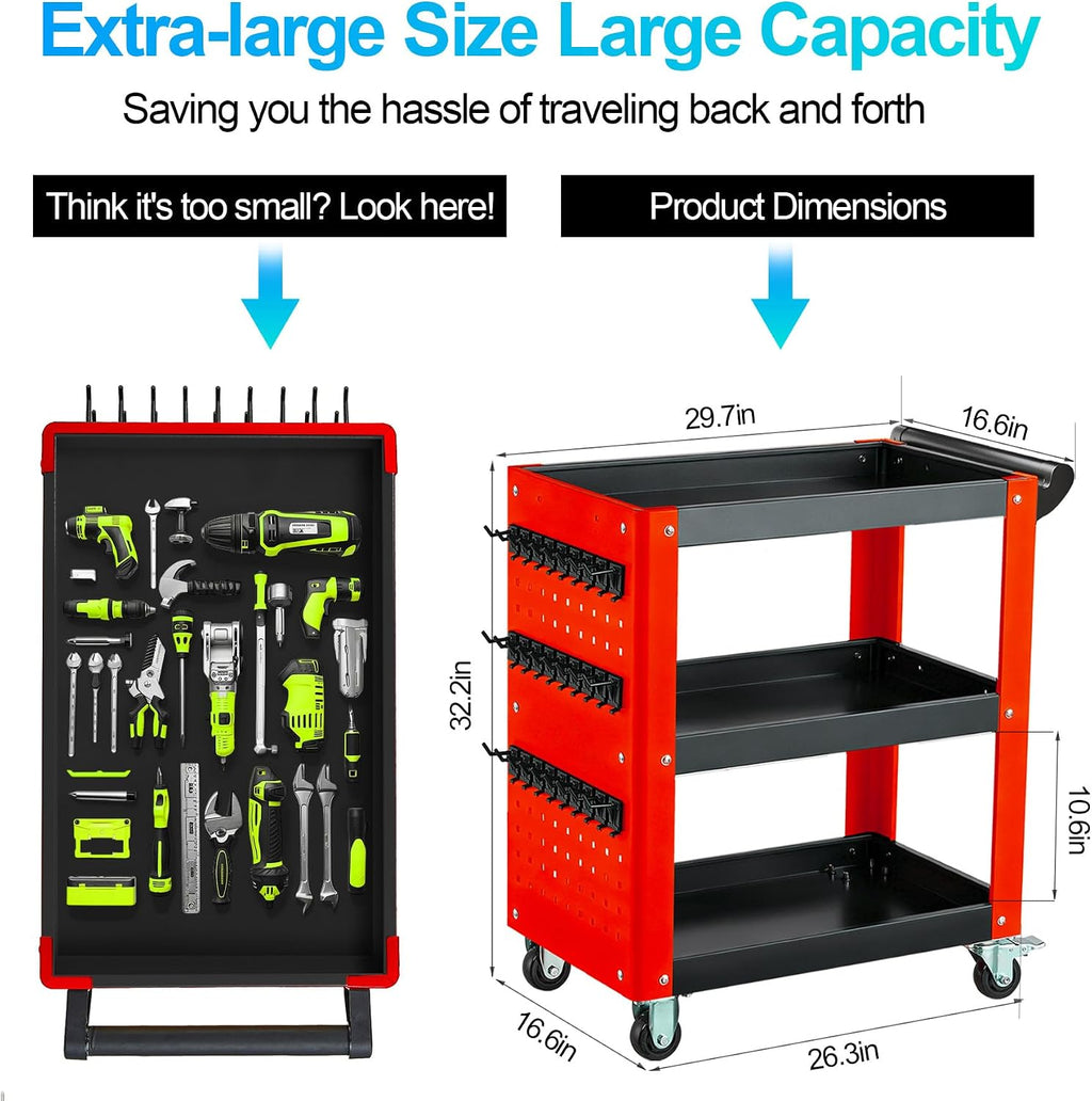 3-Tier Rolling Tool Cart with Pegboard, 1000LBS Load 2 Lockable Casters | Heavy Duty, Metal Mechanic Tool Storage