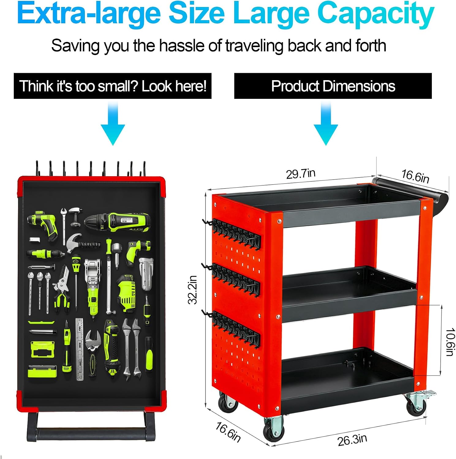 3-Tier Rolling Tool Cart with Pegboard, 1000LBS Load 2 Lockable Casters | Heavy Duty, Metal Mechanic Tool Storage