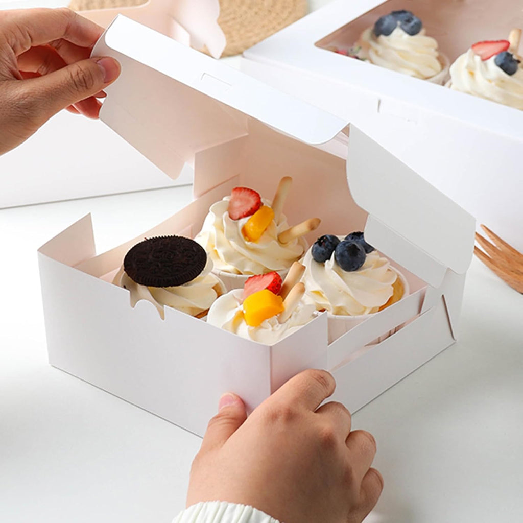14 PCS White Paper Cupcake Boxes with 4 Cavity Cookie Gift Boxes with Clear Window 4 Treat Holder Cupcake Containers