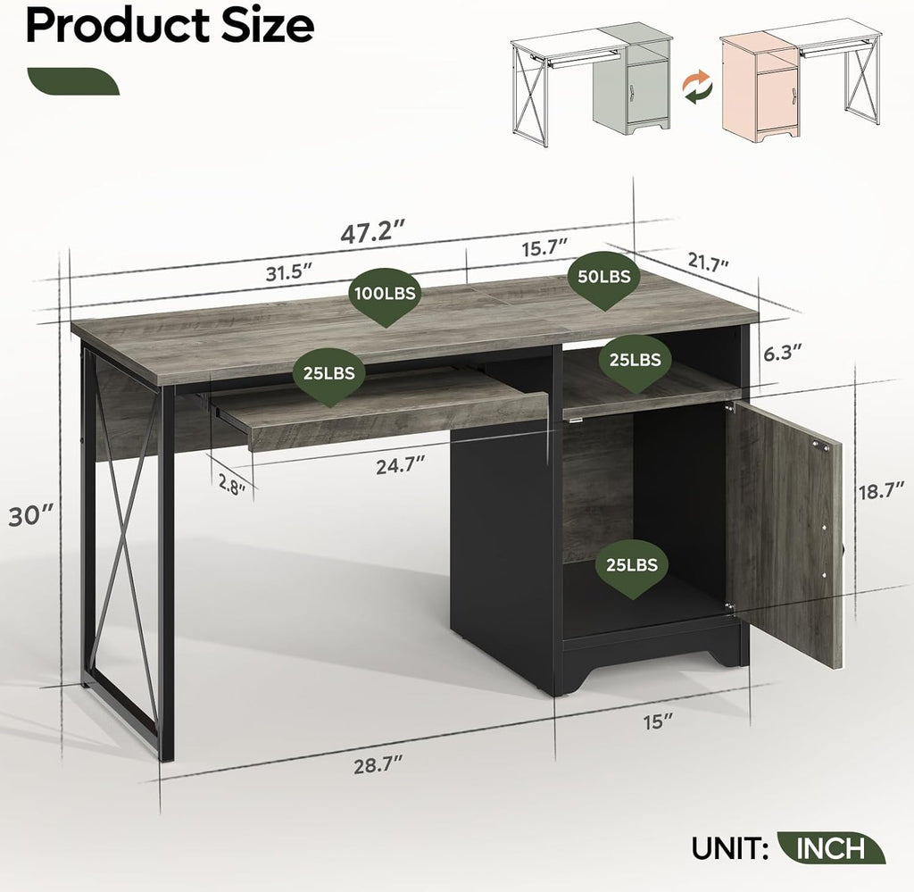 Office Desk with Keyboard Tray, Industrial Computer Desk with Storage, Reversible Executive Desk with File Cabinet