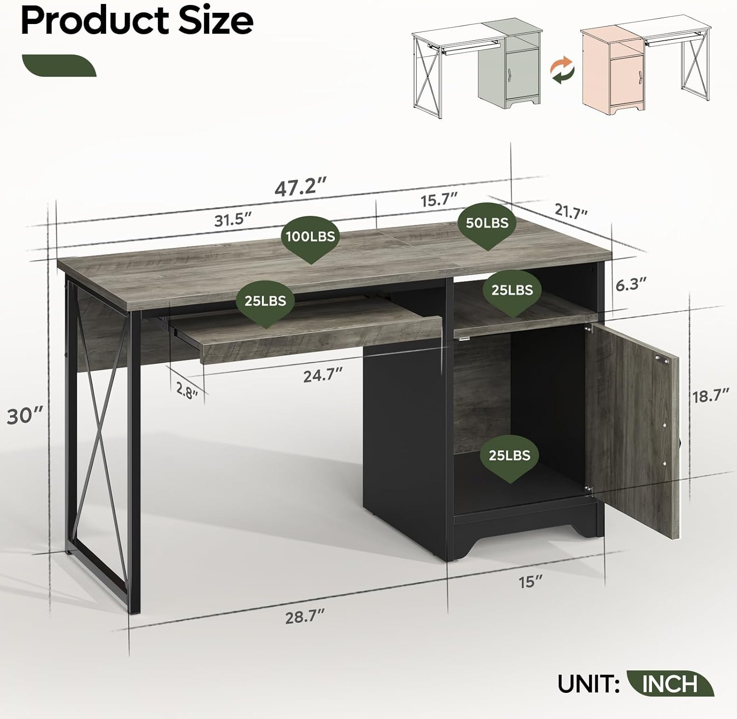 Office Desk with Keyboard Tray, Industrial Computer Desk with Storage, Reversible Executive Desk with File Cabinet