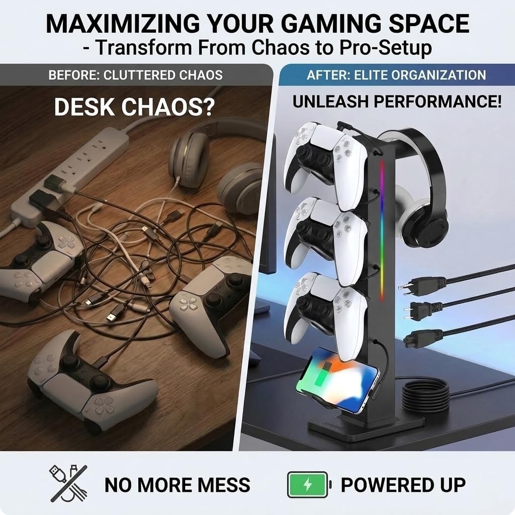RGB Gaming Headphone Stand with Controller Holder, Desk Organizer with Retractable Charger Cable, 2 AC Outlets & 4