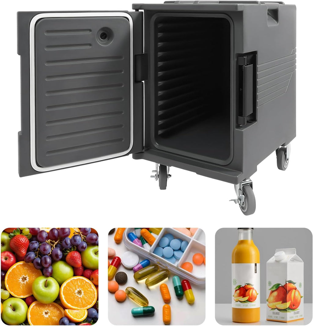 Insulated Food Pan Carrier 95 Qt, Hot Box for Catering with Large Wheels, Front Loading Food Warmer, LLDPE Food Box