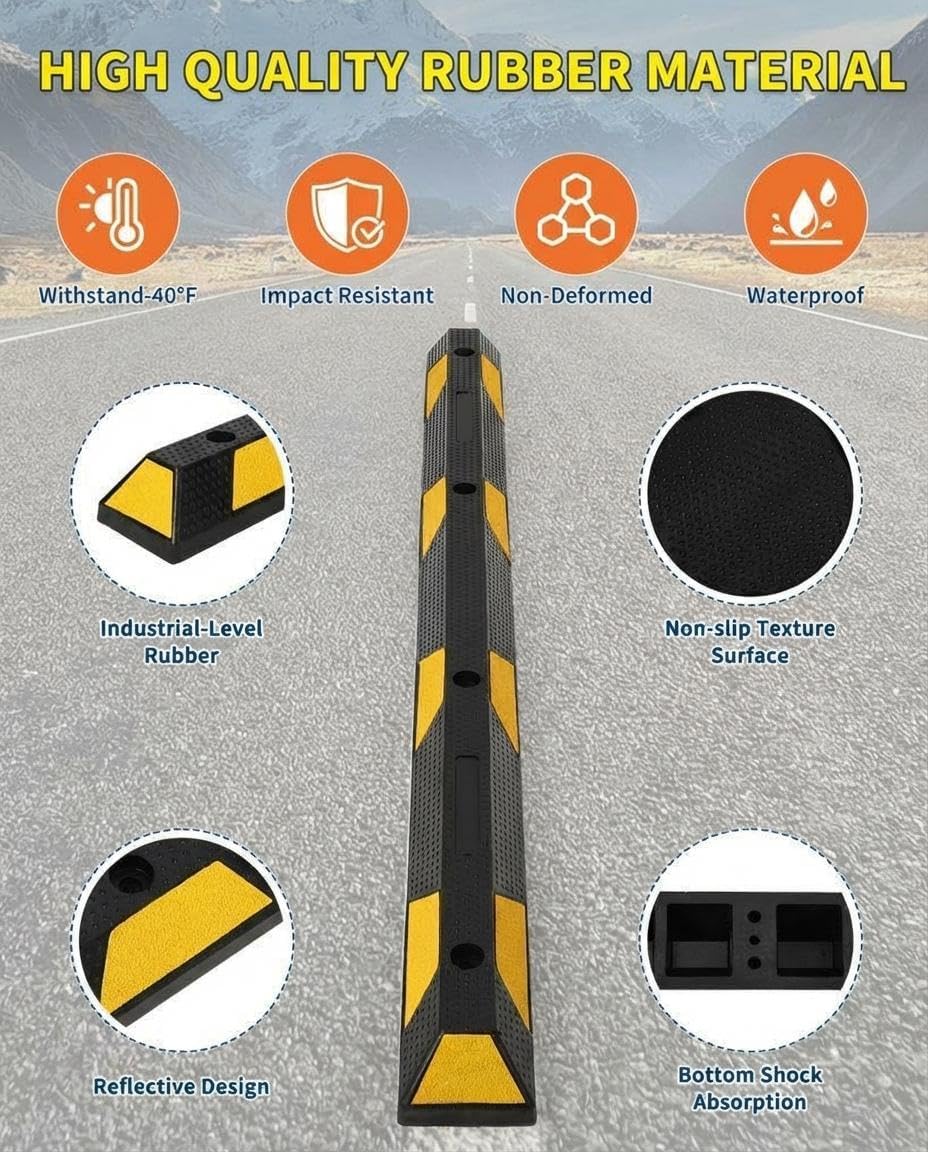 2 Pack 72" Rubber Parking Curb, Heavy Duty Parking Stopper | Durable Wheel Stoppers with Reflective Stripes Parking