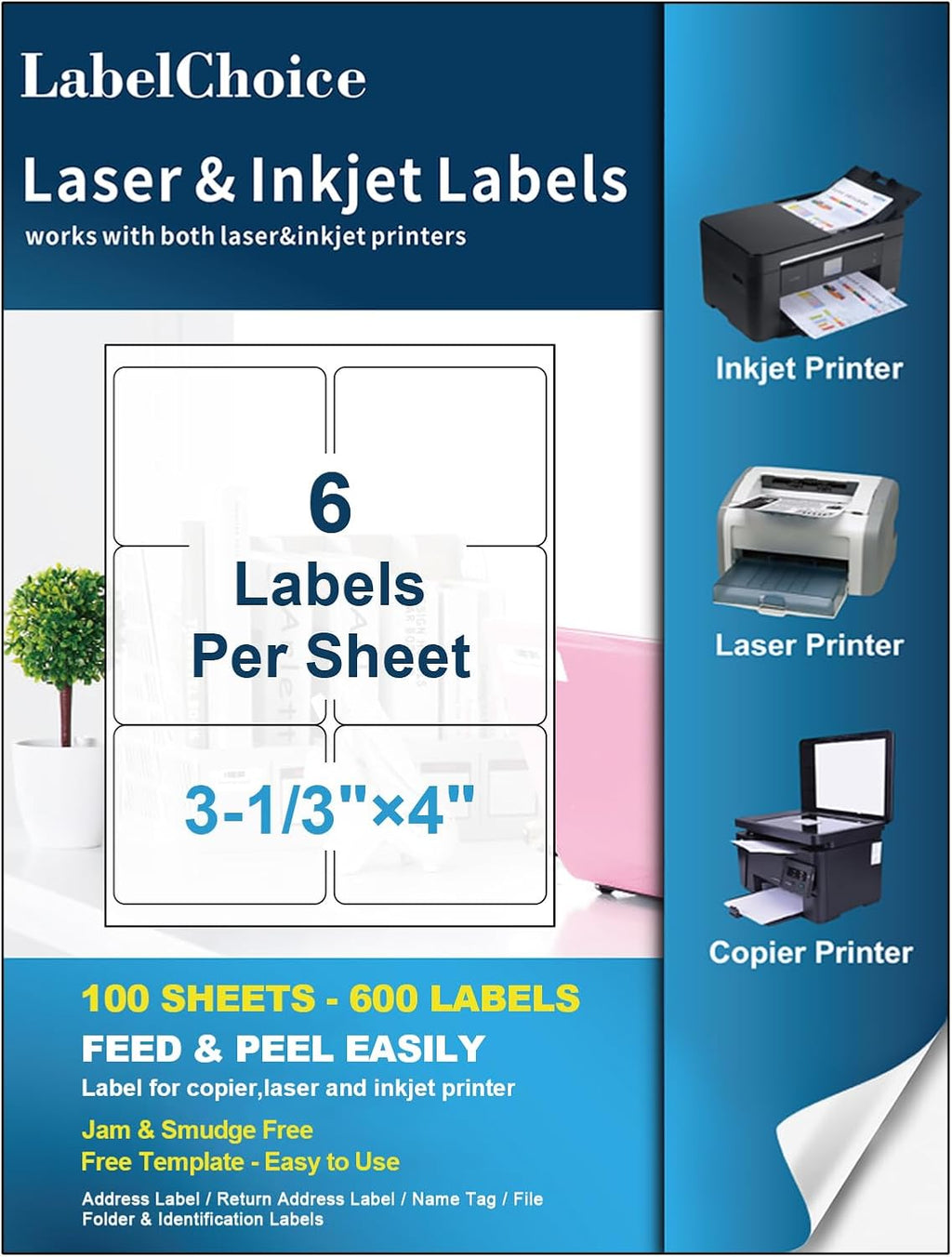 100 Sheets 600 Pcs 3-1/3 x 4 6 Up Shipping Address Labels for Laser & Inkjet Printers, 3-1/3" x 4" 6 per Sheet