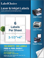 100 Sheets 600 Pcs 3-1/3 x 4 6 Up Shipping Address Labels for Laser & Inkjet Printers, 3-1/3" x 4" 6 per Sheet