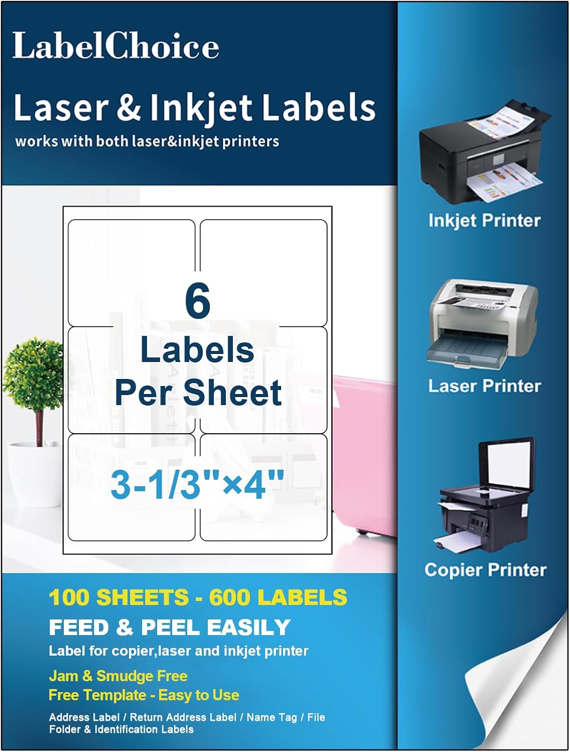 100 Sheets 600 Pcs 3-1/3 x 4 6 Up Shipping Address Labels for Laser & Inkjet Printers, 3-1/3" x 4" 6 per Sheet