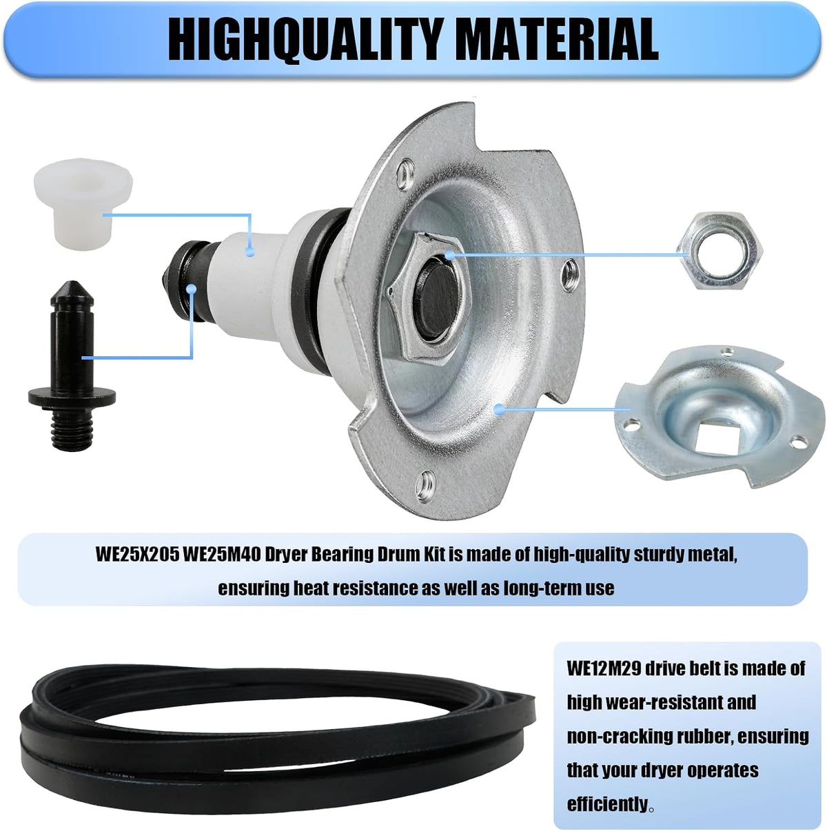 WE25X205 WE25M40 Dryer Belt Drum Bearing Kit Drive Belt Slide Replacement for GE Hotpoint Kenmore Dryer Parts HTDP120ED0WW HTDP120ED3WW HTDP120GD0WW HTDP120GD2WW