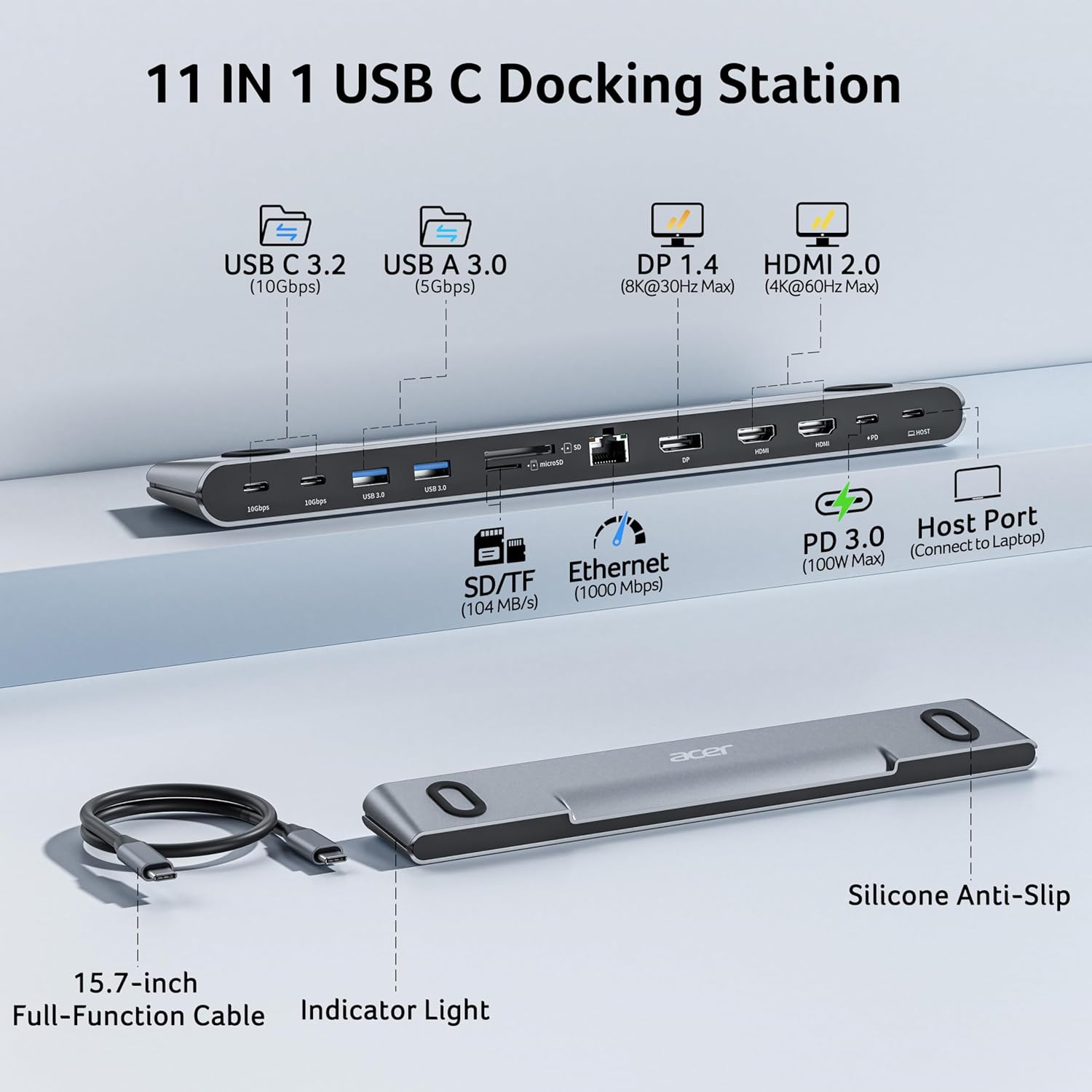 Docking Station 3 Monitors, 11-in-1 Laptop Docking Station Stand with DP 8K + Dual HDMI 4K@60Hz, Ethernet, 10Gbps