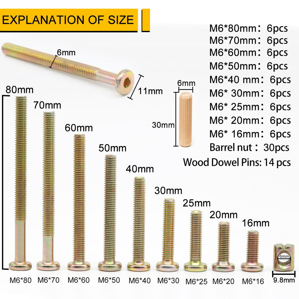 54-Set Crib Screws, Furniture Screws and Nuts Kit, Bed Frame M6 x 16mm/ 20mm/ 25mm/ 30mm/ 40mm/ 50mm/ 60mm/ 70mm/