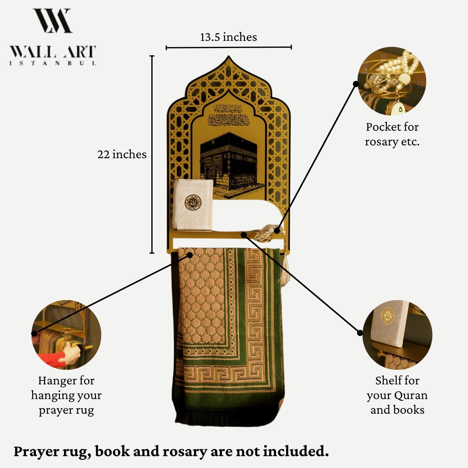 Metal Islamic Prayer Rug Holder for Wall – Gold Metal Shelf with Kaaba Design & Salah Dua – Muslim Home Décor, Quran