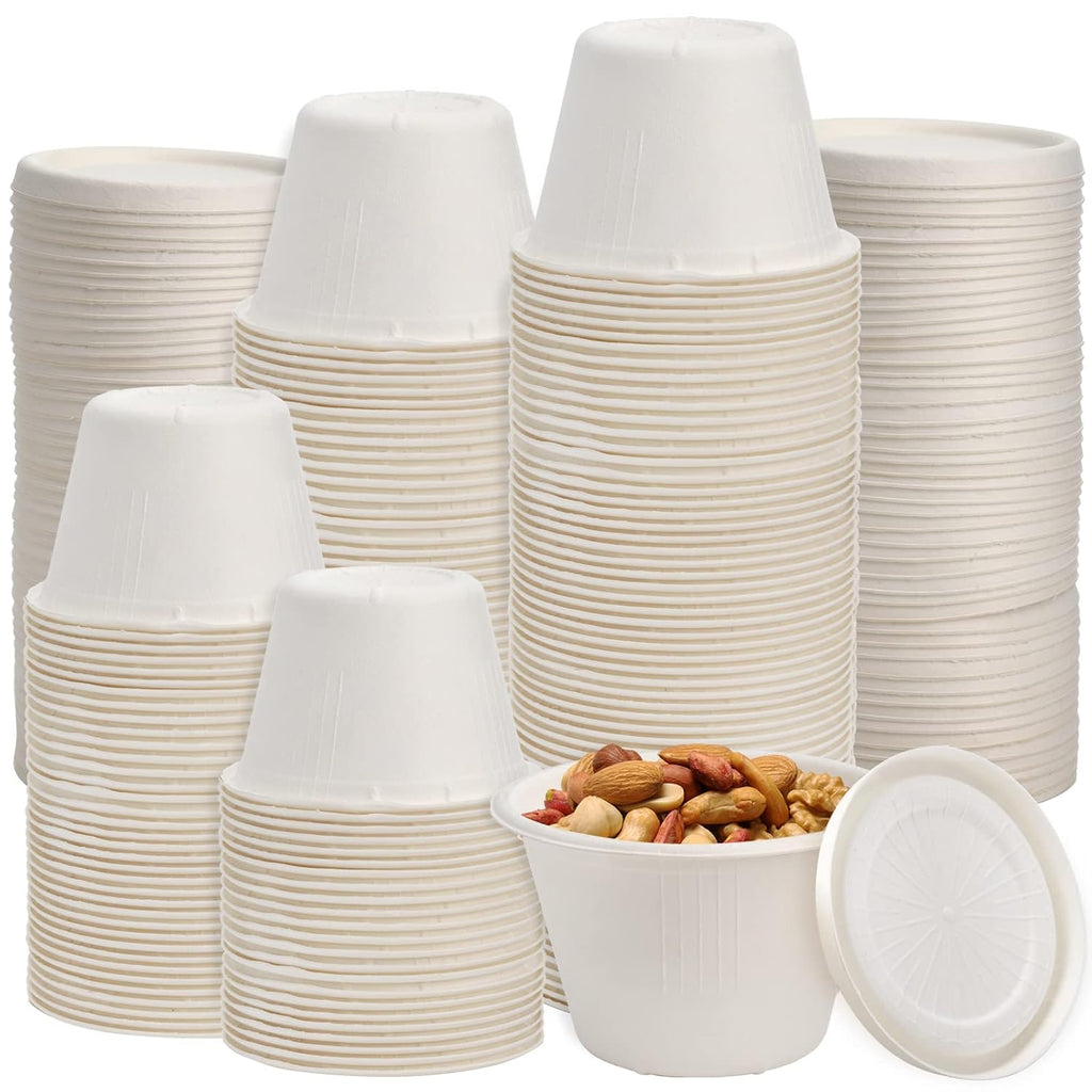 100 Pack Disposable Cups with Lids, 4.5Oz Bagasse Compostable Ice Cream Cup, Small Condiment Portion Sample Container