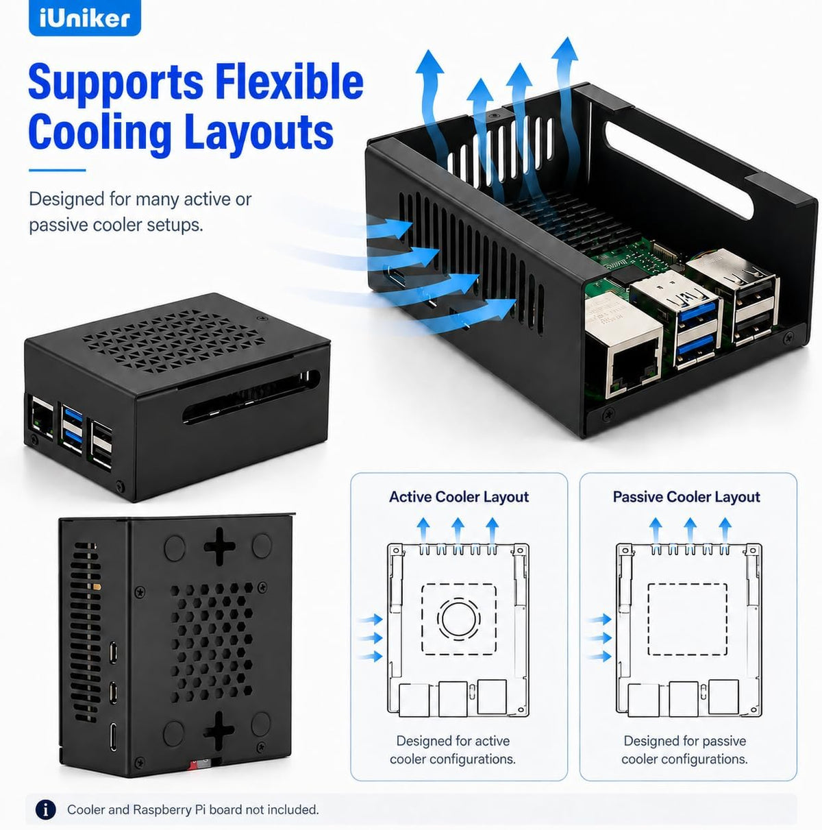 iUniker Metal Case Compatible with Raspberry Pi 5, Aluminum Pi 5 Case with Space for Active Cooler, M.2 NVMe HAT & POE HAT, GPIO Side Access, Vented Enclosure (Only Include Case)
