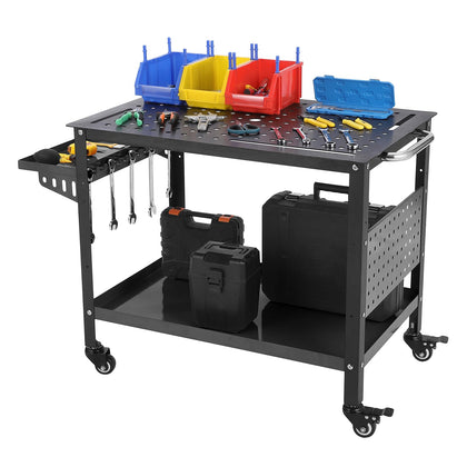Heavy Duty Steel Welding Table with Wheels – 36" x 24" Workbench, 1200 lbs Capacity, Double-Layer Storage, Tool Tray