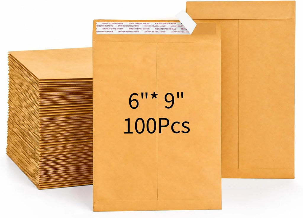 Self Seal Catalog Envelopes 6x9, 100 Pack, Yellow Brown Kraft Manilla