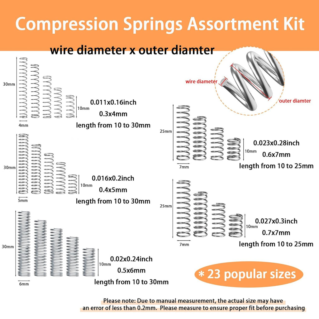 300PCS Compression Springs Assortment Kit 23 Different Sizes Small Spring 304 Stainless Steel Mechanical Mini Springs