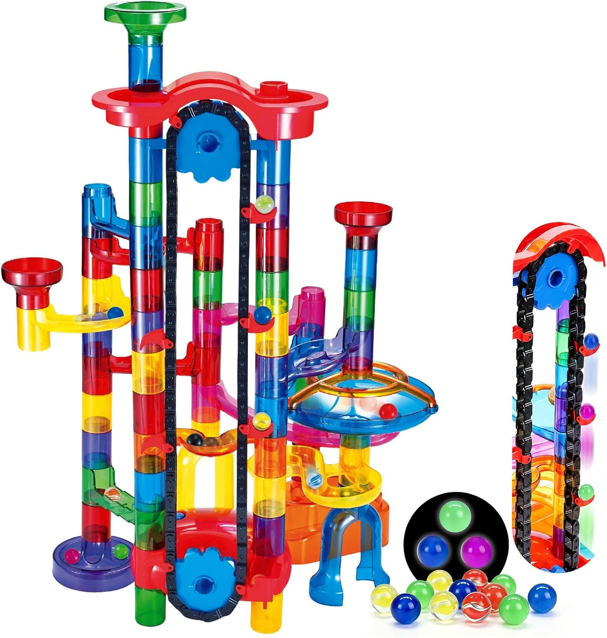 171Pcs Motorized Elevator Marble Run with Glow Marbles for Kids