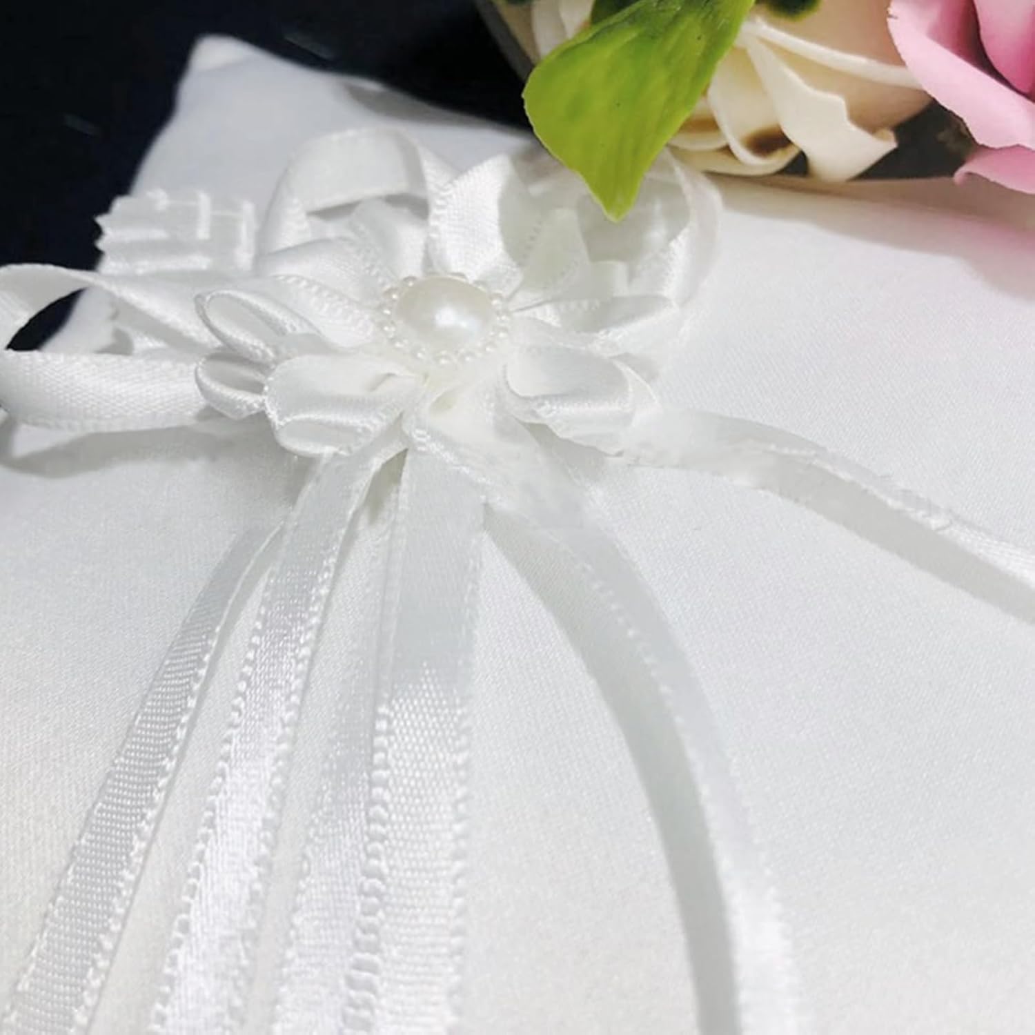 Wedding Ring Bearer Pillow, Ring Cushion White Lace Floral Bow and Heart Ring Holder Box for Wedding Ceremony 7.8 x