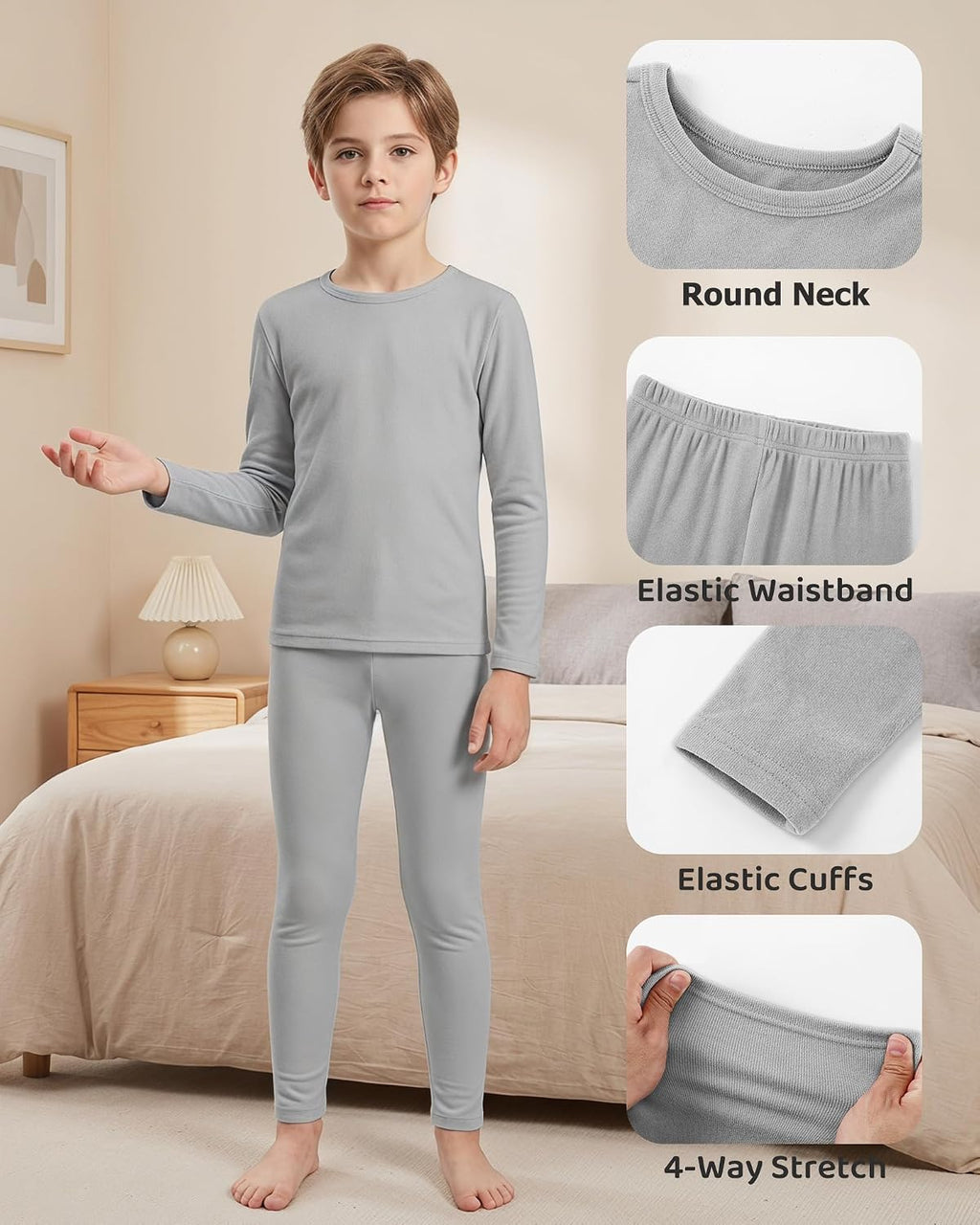 Kids Thermal Underwear Set Fleece Lined Long Johns Base Layer | Soft Fleece Lining, 4-Way Stretch, Long Johns Base