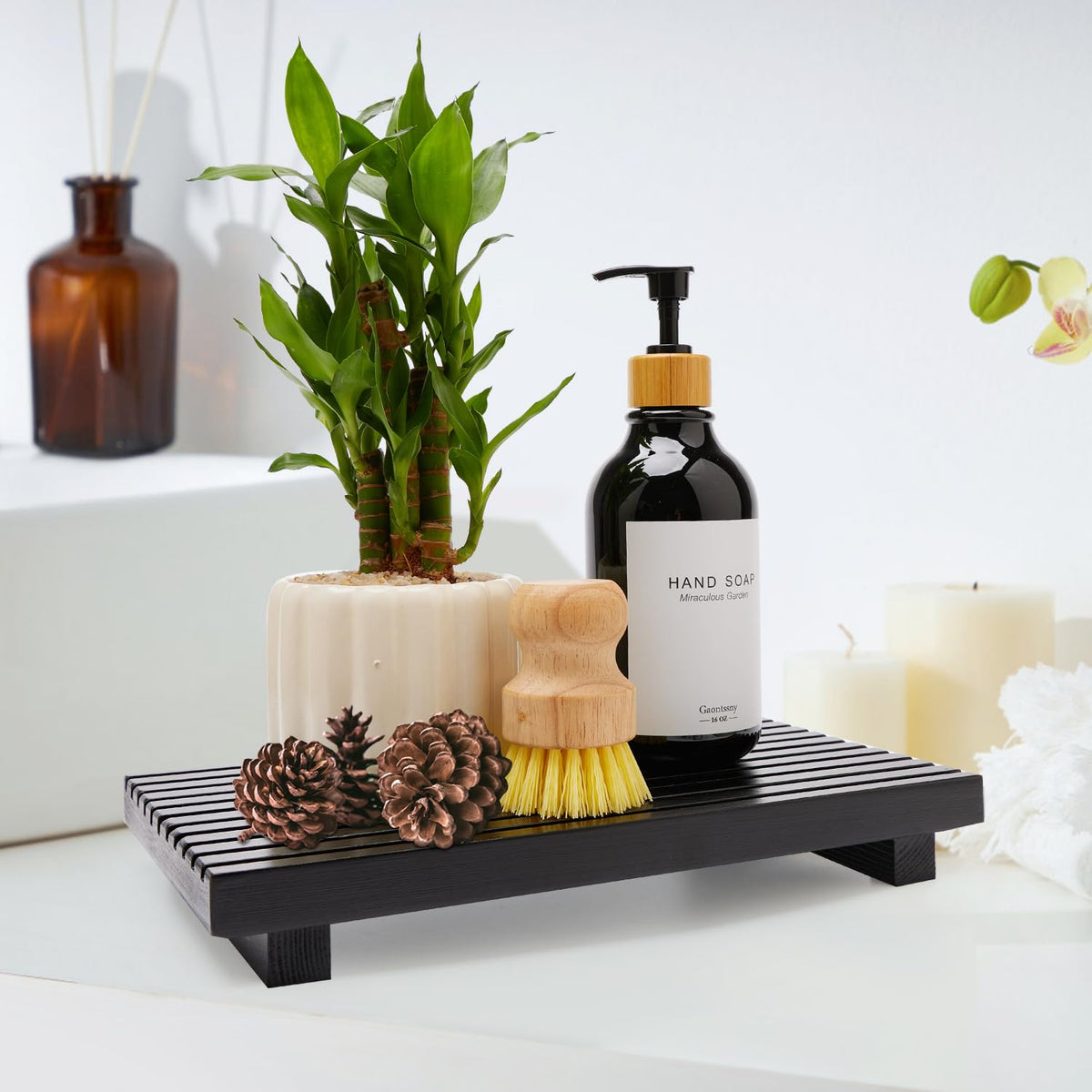 Wooden Display Risers Table Stand for Bathroom Tray Kitchen Counter Decor