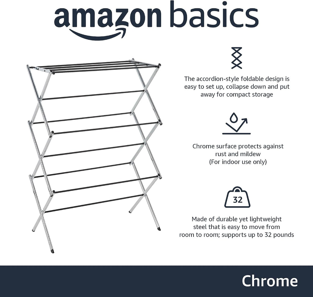 Foldable Portable Metal Clothes Drying Rack for Indoor Air Drying, Energy Saving, 14.5 x 29.5 x 41.8 inches, Chrome