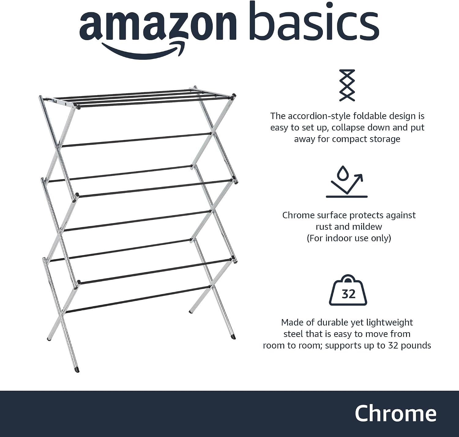 Foldable Portable Metal Clothes Drying Rack for Indoor Air Drying, Energy Saving, 14.5 x 29.5 x 41.8 inches, Chrome