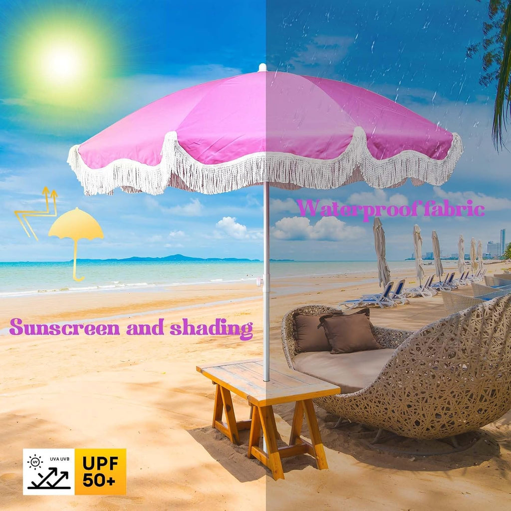 Waterproof Boho Patio Umbrella with Tassels UPF 50+ Table Umbrellas for Outside 6.56ft Sun Umbrella Beach W/Tilt
