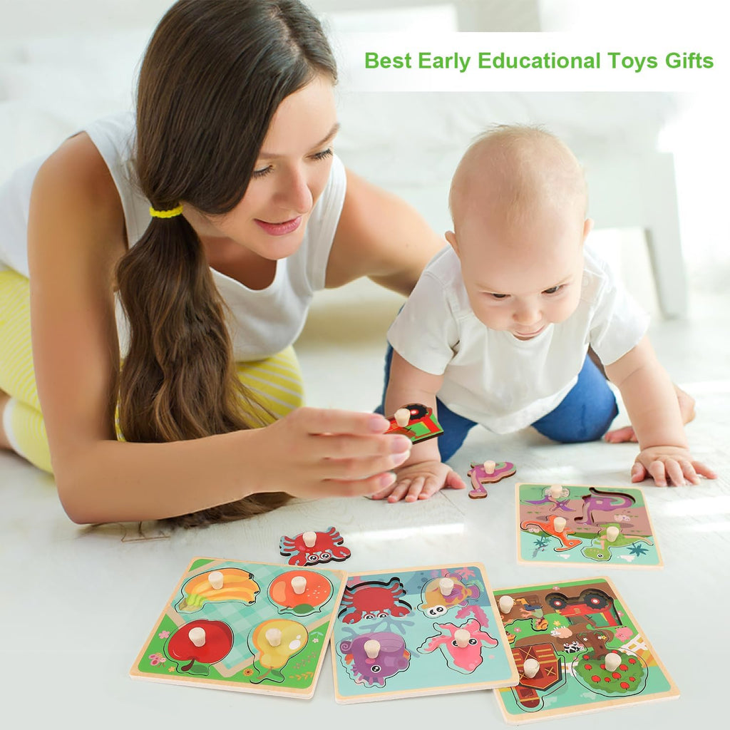 Wooden Peg Puzzles for Toddlers 1-3, Kids' Educational Preschool Peg Puzzle Toy, Set of 4 Toddler Puzzles - Farm