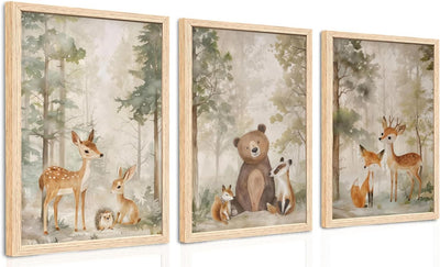 Woodland Animals Nursery Decor Framed Canvas Wall Art, 12x16 In 3pc | Cute Bear Fox Deer, Neutral Forest Animals