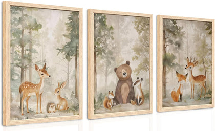 Woodland Animals Nursery Decor Framed Canvas Wall Art, 12x16 In 3pc | Cute Bear Fox Deer, Neutral Forest Animals