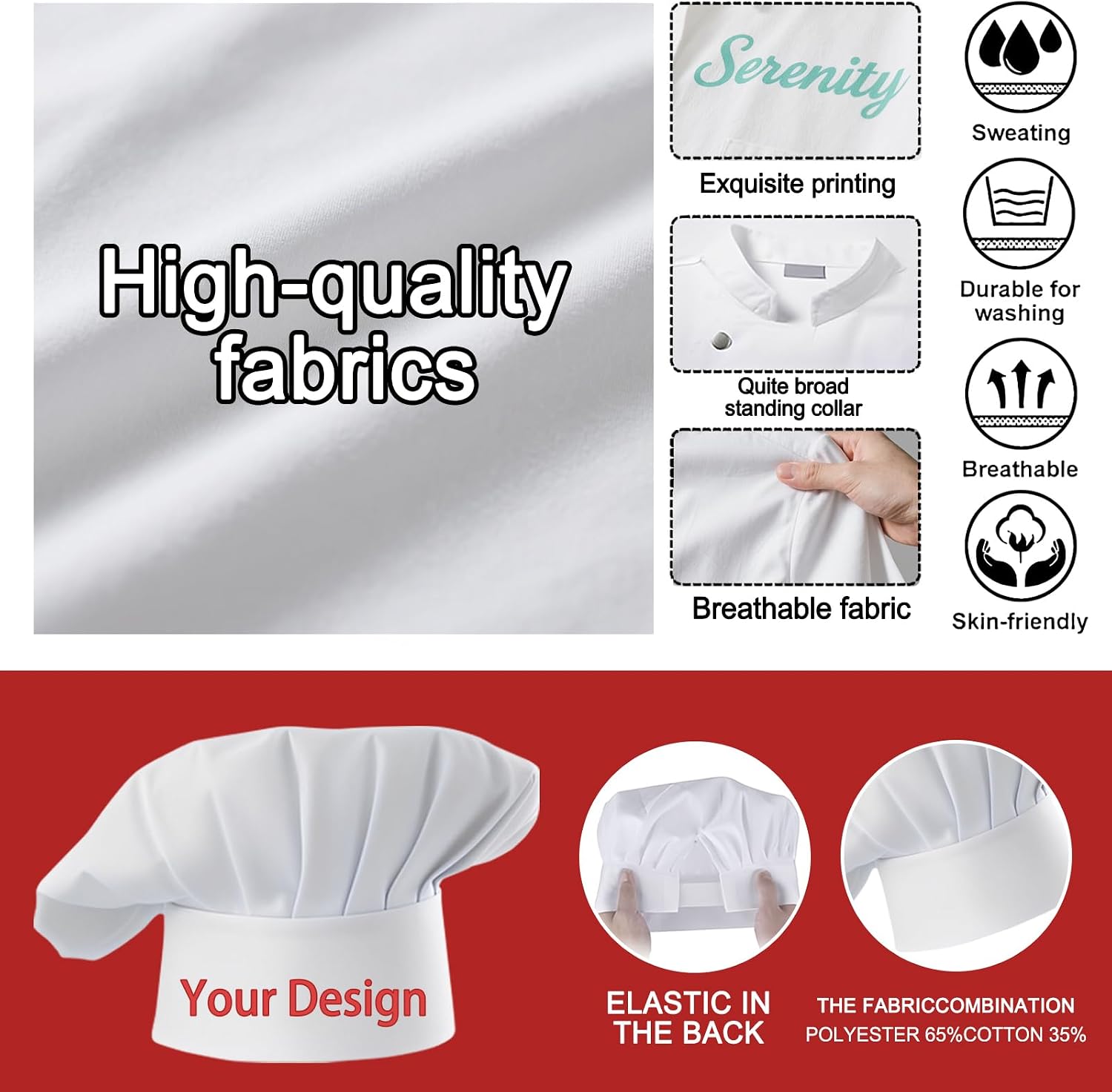 Chef Coat Personalized Chef Jacket Men Women Custom Name Logo Text Work Shirt with Pockets Chef's Hat Uniform
