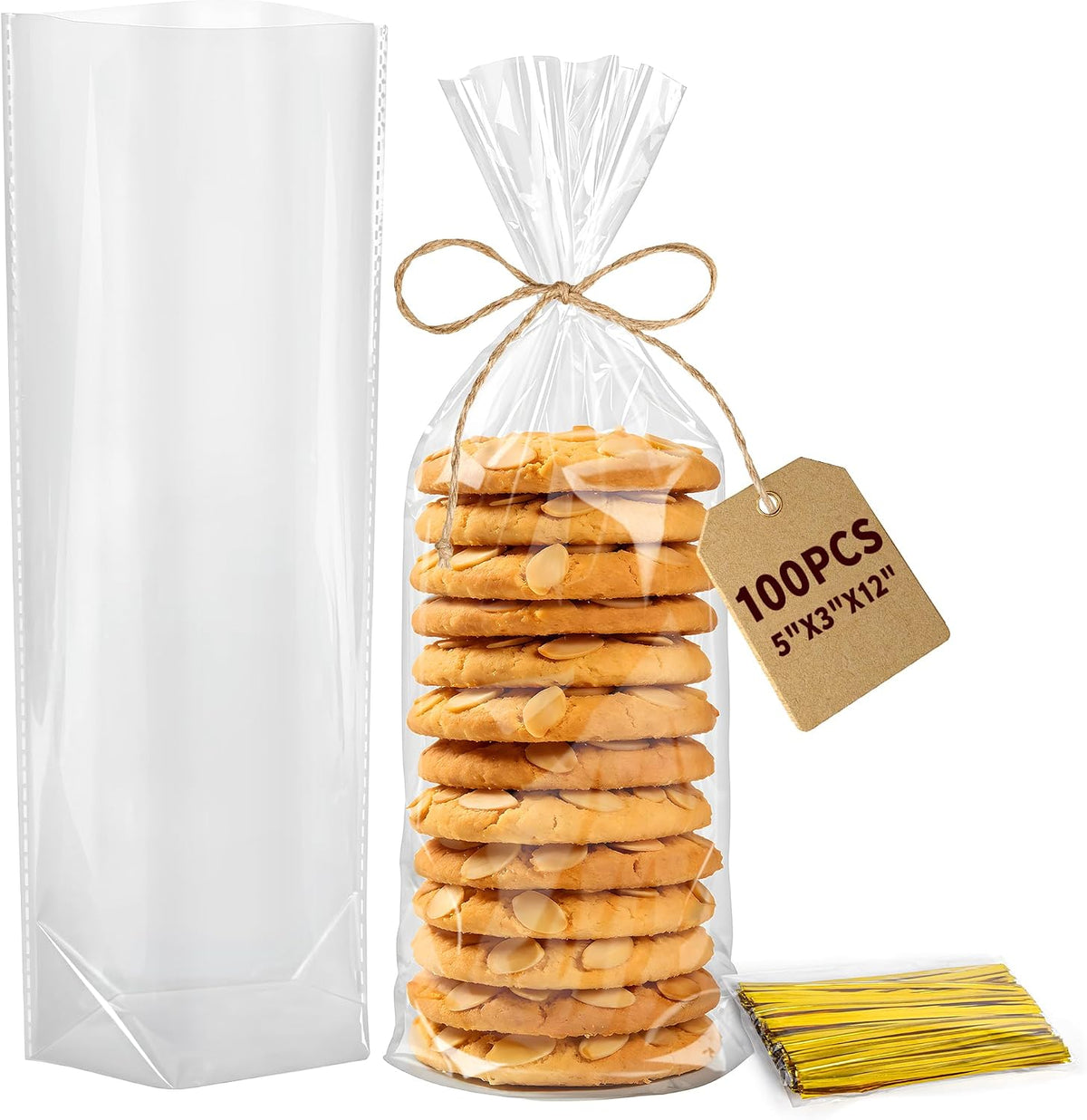 Flat Bottom Cellophane Bags with Twist Ties, 100 Pcs 5x3x12 Inches Cellophane Wrap for Gift Clear Cello Bags Flat