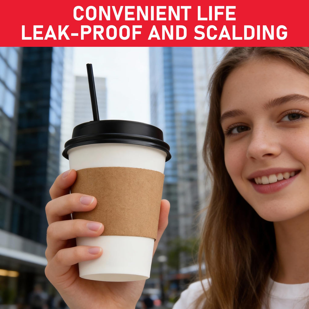 12 oz Paper Coffee Cups with Lids, Sleeves and Sticks 100 Pack