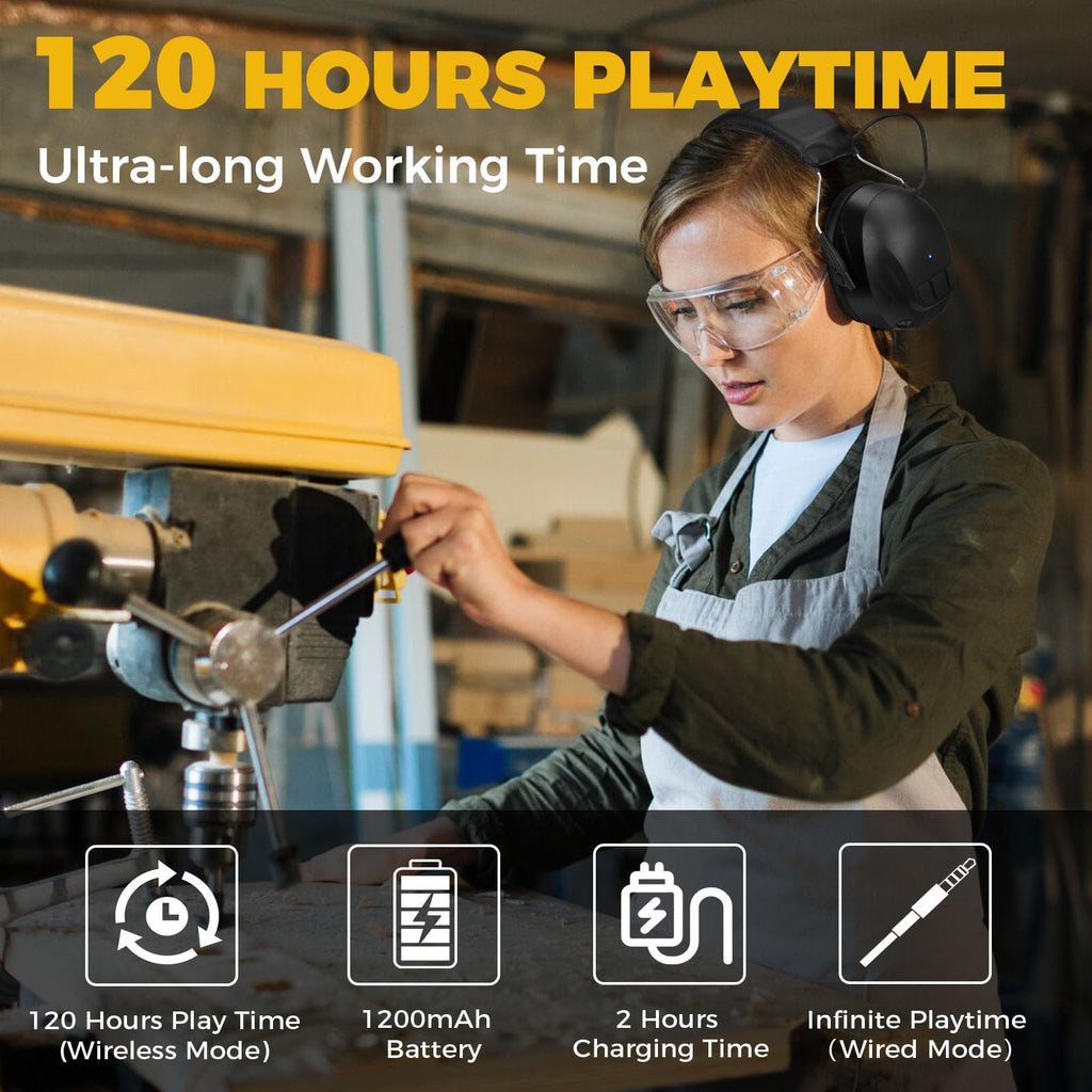 Bluetooth 6.0 Hearing Protection with 120H Working Time, 30dB Safety Earmuffs, Rechargeable Bluetooth Work