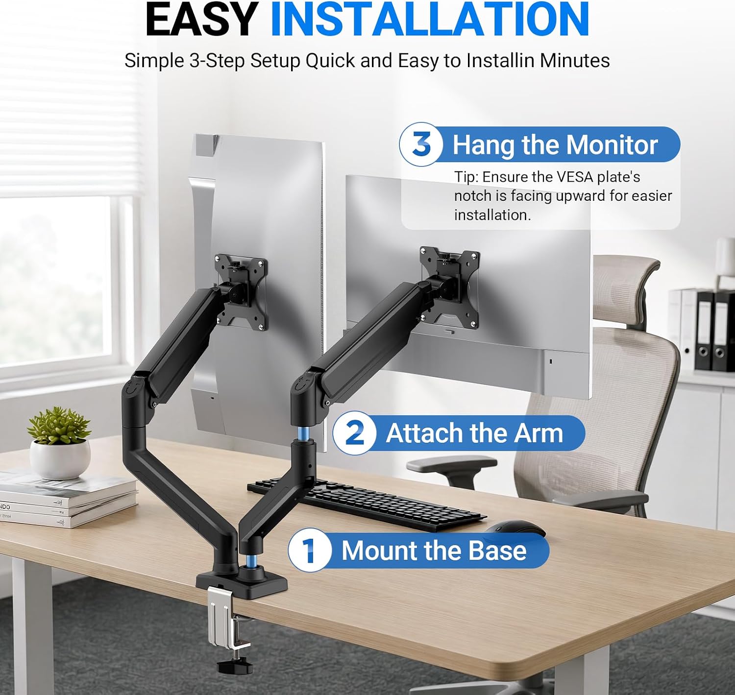Gas Spring Monitor Mount for 13-32″, Dual Monitor Arm, Easy Install | Full Motion Adjustable 360° Rotate Swivel Tilt