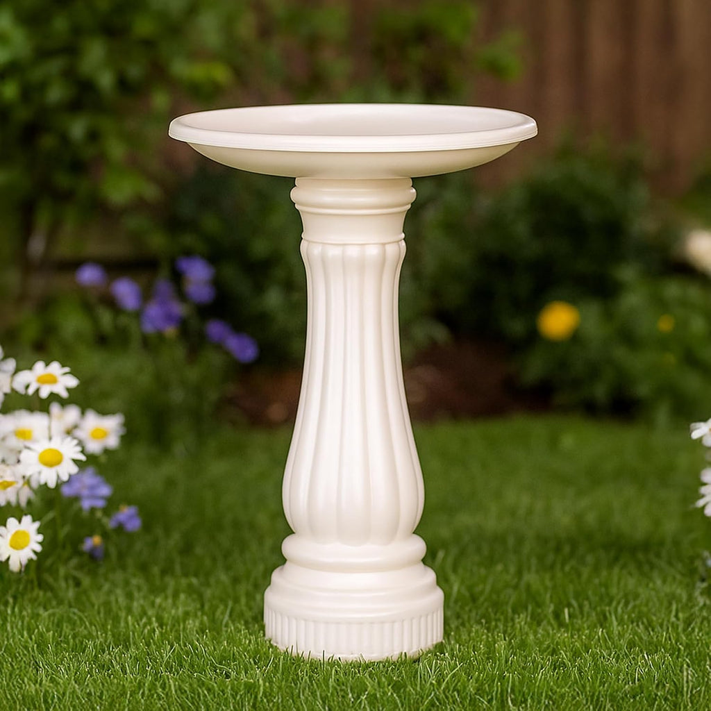 Round Outdoor Bird Bath, Fillable Base, 17" D x 25" H, White