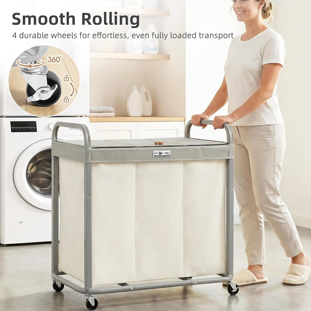 3 Section Laundry Sorter, 60 Gal. Laundry Hamper Cart with Heavy Duty Rolling Lockable Wheels and Removable Bags