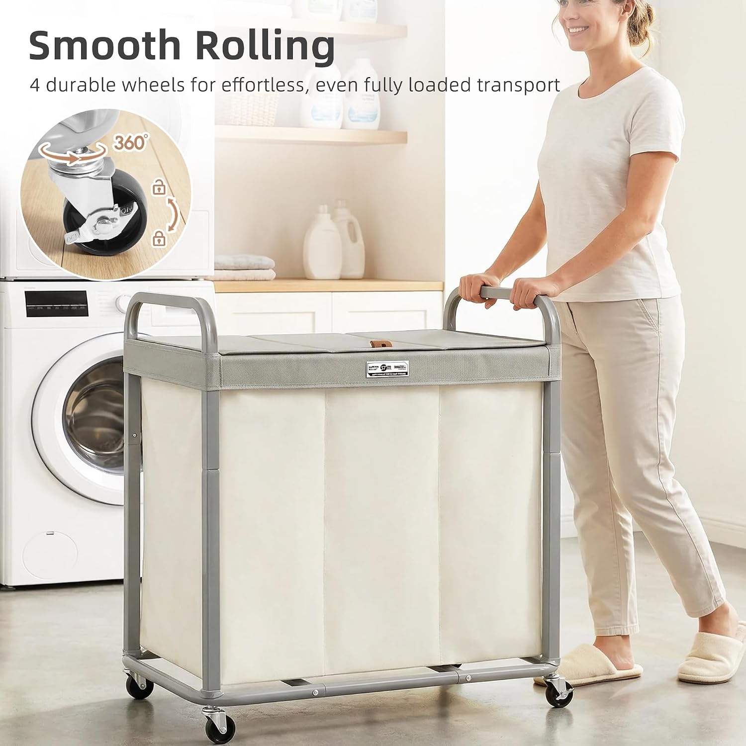3 Section Laundry Sorter, 60 Gal. Laundry Hamper Cart with Heavy Duty Rolling Lockable Wheels and Removable Bags