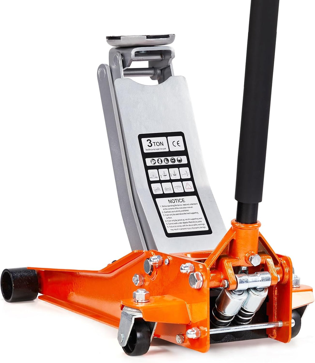 3 Ton Floor Jack, Aluminum and Steel Low Profile Jack with Dual Pistons Quick Lift Pump for Cars & SUVs, Lifting